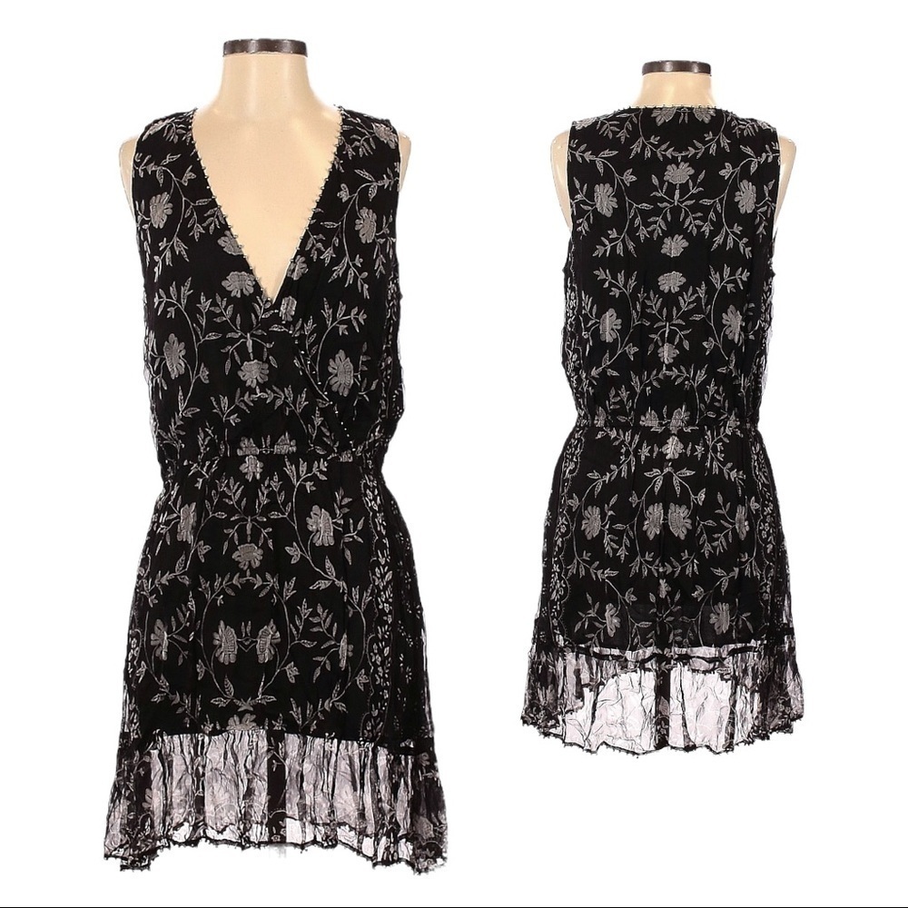 Love Sam Boho Black Floral Sleeveless Surplice Beaded Chiffon Mini Dress Size S